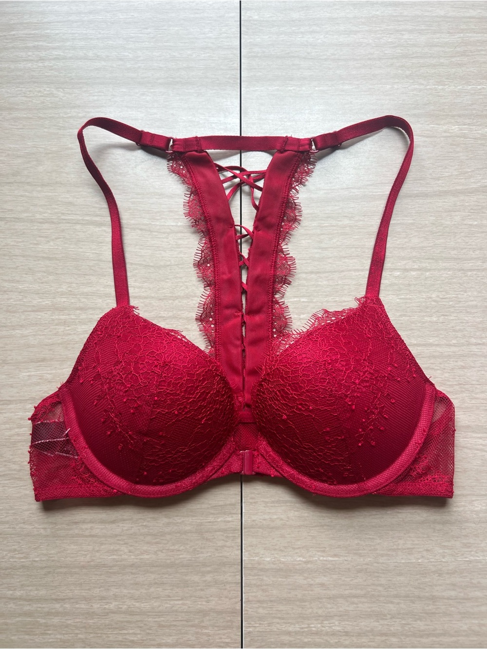 Victoria's Secret Red Lace Push-Up Bra with Lace-Up Back Size 32A